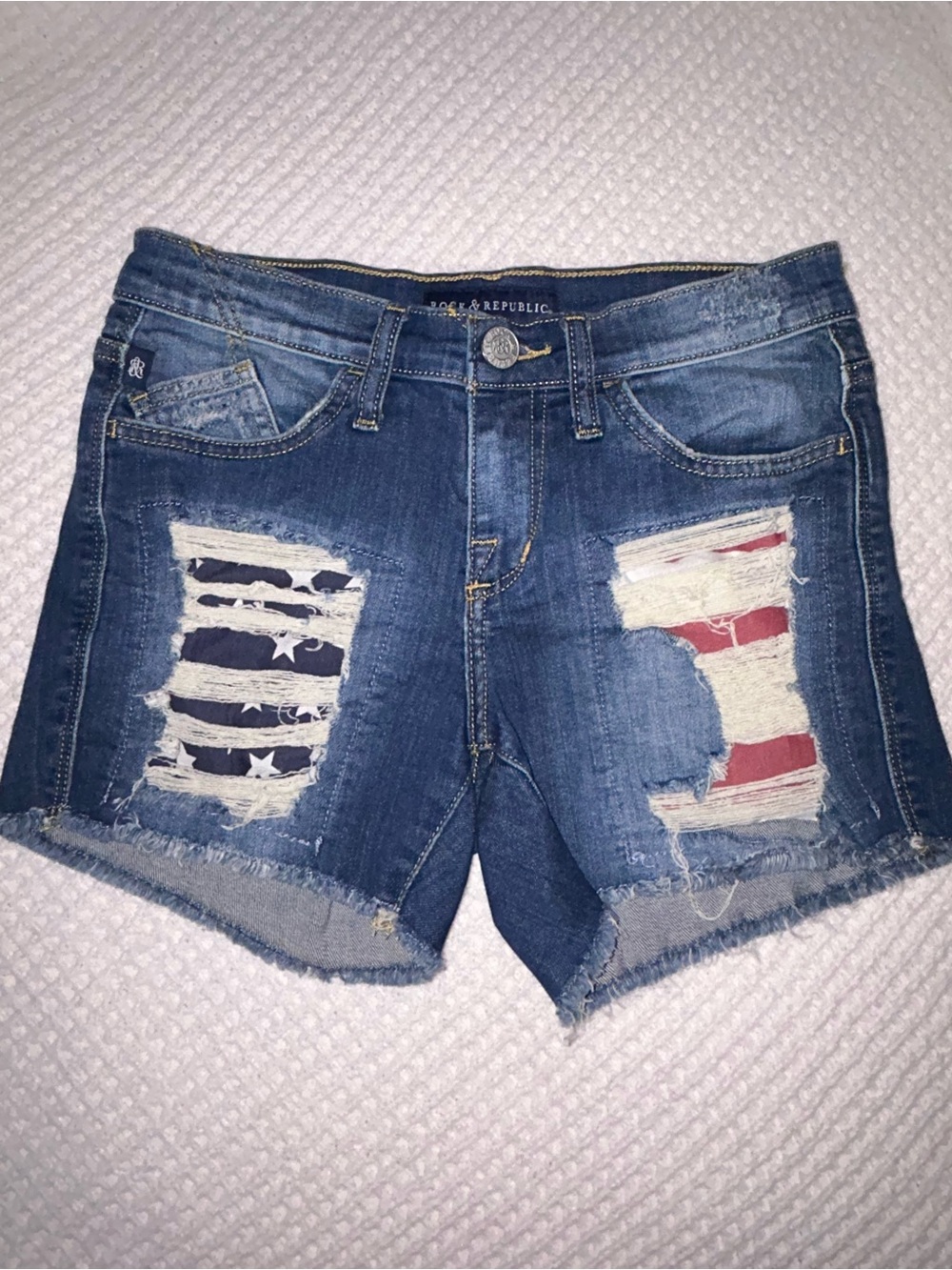 Rock & Republic Distressed Blue Denim Shorts with Flag Patch